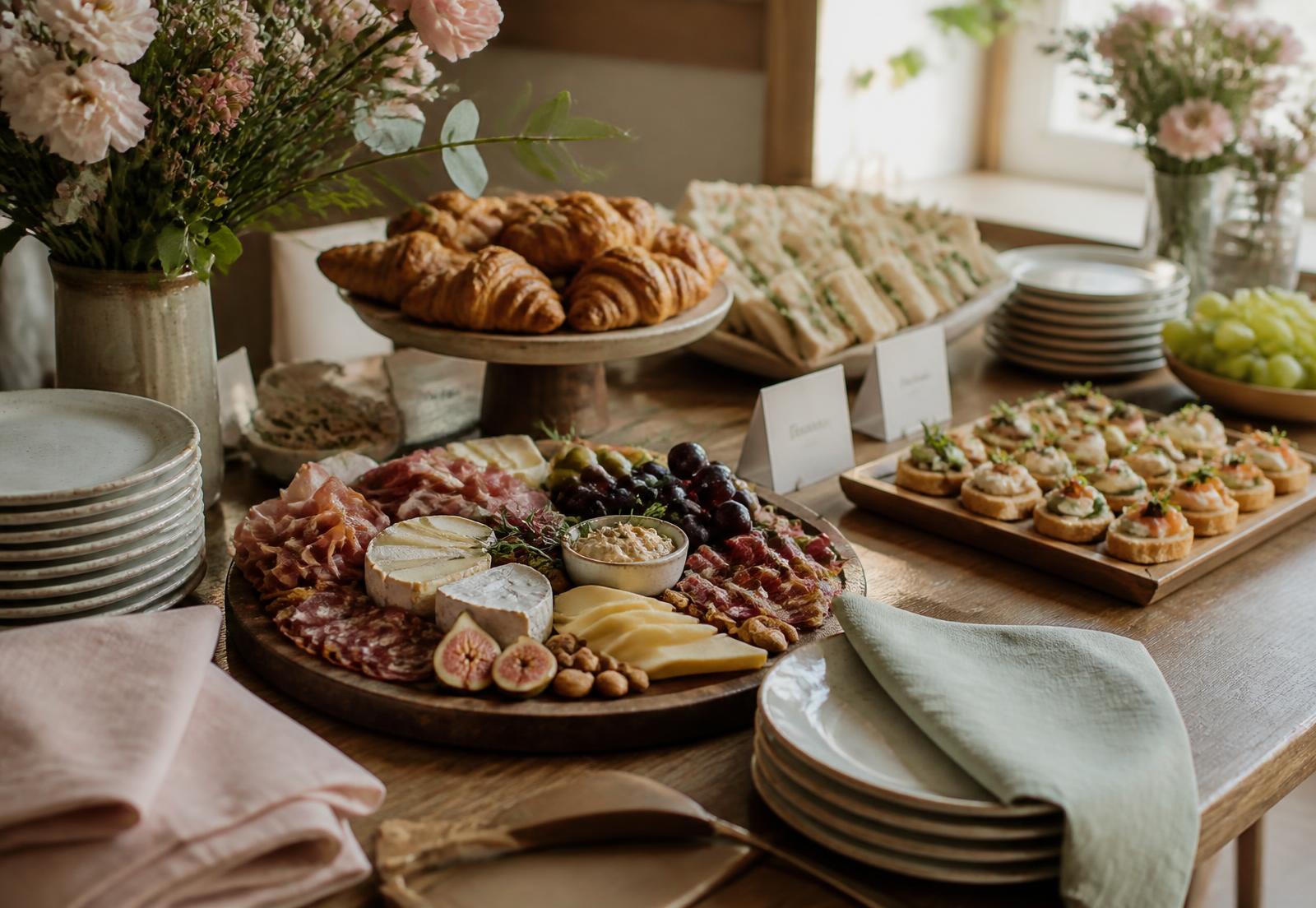 Mesa de catering con picadas, sándwiches y bocaditos